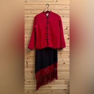 Vintage Y2K Clio Sz Large Red Black Silk Mandarin Asian Jacket Flapper Dress Set